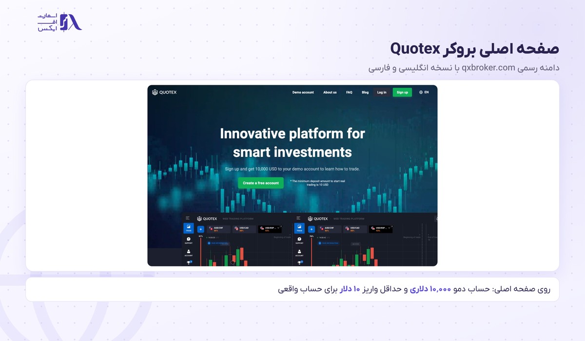 بروکر Quotex | (کوتکس) 1 صفحه اصلی سایت بروکر کوتکس (Quotex) با حساب دمو ۱۰ هزار دلاری