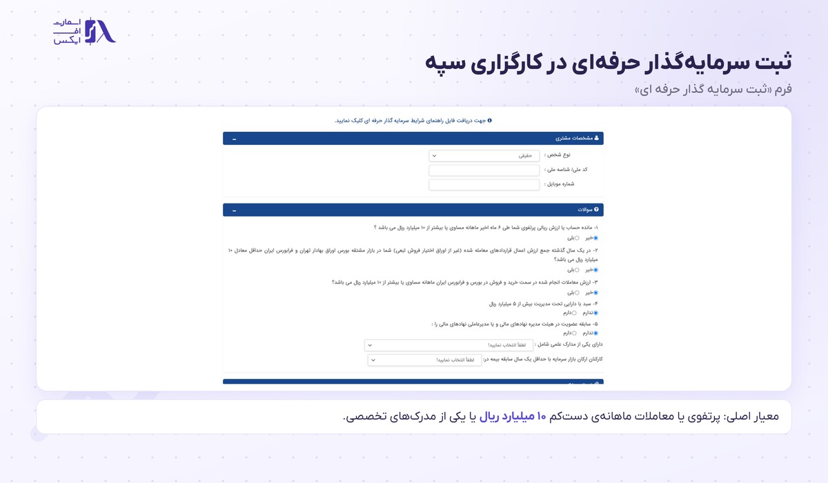 کارگزاری بانک سپه | Sepah 14 فرم ثبت سرمایهگذار حرفهای در سایت کارگزاری سپه با پرسشهای شرایط