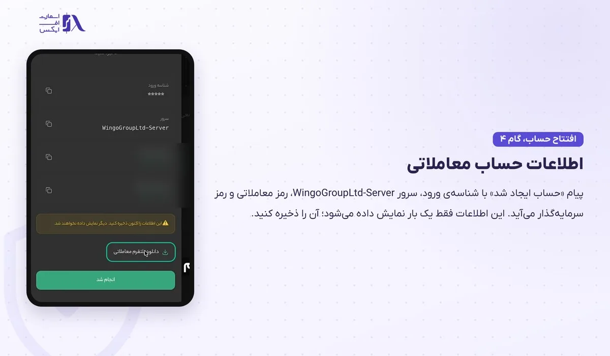 ثبت نام در بروکر وینگو؛ آموزش گامبهگام با تصویر و احراز هویت 25 پیام حساب ایجاد شد با شناسه و سرور WingoGroupLtd-Server