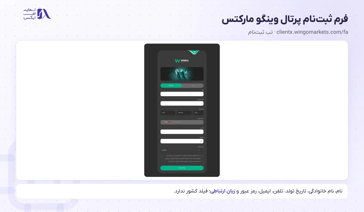 ثبت نام در بروکر وینگو؛ آموزش گامبهگام با تصویر و احراز هویت 4 فرم خالی ثبت نام در بروکر وینگو در پرتال clientx.wingomarkets.com