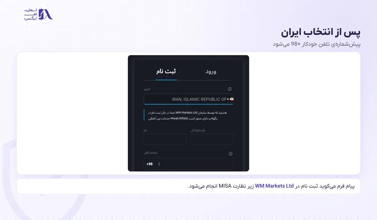 فرم ثبت نام دبلیو ام مارکتس پس از انتخاب ایران با پیش‌شماره‌ی 98