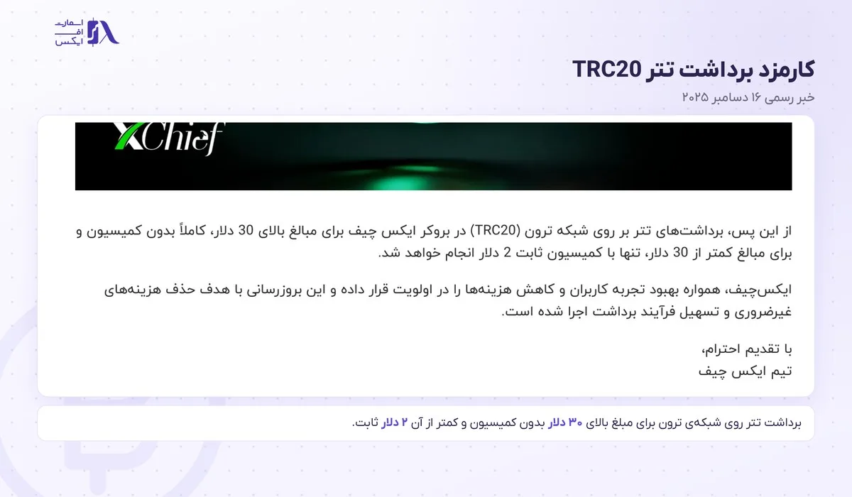 واریز و برداشت در بروکر ایکس چیف؛ روشها، حداقل، کارمزد و زمان برداشت 14 کارمزد برداشت تتر TRC20 در واریز و برداشت در بروکر ایکس چیف