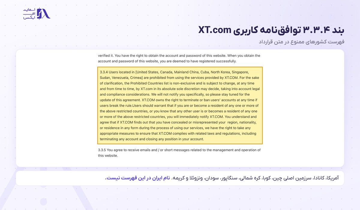 صرافی ایکس تی | (XT.com) 6 بند ۳.۳.۴ توافقنامه کاربری صرافی ایکس تی و فهرست کشورهای ممنوع